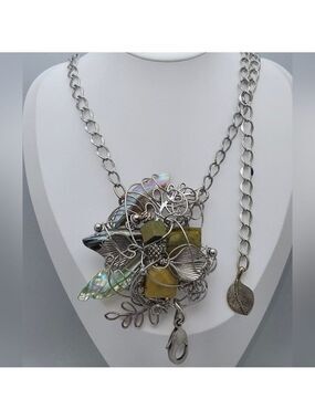Handmade Wirework Statement Necklace Shell & Mixed Stones Silver Tone